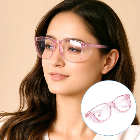 Woman wearing 12 Pack Pro Grade Anti Fog Safety Glasses With Side Shields For Lab Work And Nursing Clear Protective Eye Goggles