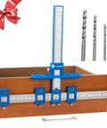 Fast Setup Cabinet Hardware Jig With Punch Locator Drill Guide and Dowelling Template shown with drawer and drill bits.