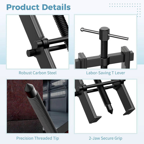 Heavy Duty 4 Pc Bearing Puller Set Carbon Steel Heat Treated 2 Jaw Design For 2 To 6 Inches Fits Moto And Cars Great For Shops Removing Pulleys Smoothly Handles Tight Spots Lets You Finish Fast No Sweat Fix Engines Or Maintenance Tasks All Day. 2-jaw carbon steel puller with threaded tip and T-handle
