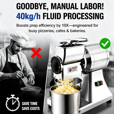 Heavy-Duty Commercial Cheese Grater And Shredder Machine With Nut Grinder Function on countertop, shredding cheese, safety cover visible.