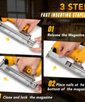 Instructions for using Badass Cordless Brad Nailer 18 Gauge Electric Nail Gun 21V with staple insertion steps.