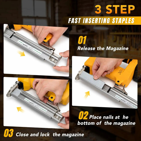 Instructions for using Badass Cordless Brad Nailer 18 Gauge Electric Nail Gun 21V with staple insertion steps.