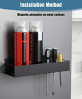Four Magnetic Spray Can Holders Wall Mounted Tool Rack with two spray cans and tools on a metal surface in a garage.