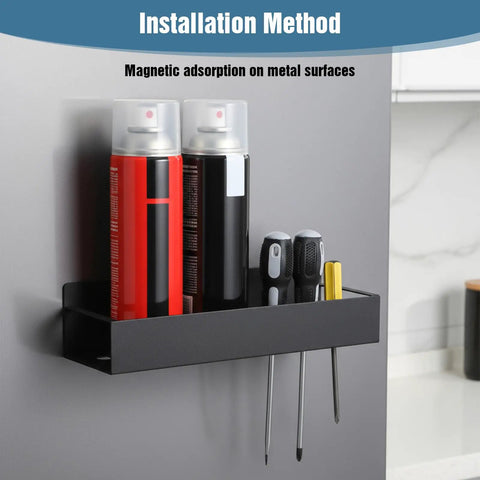 Four Magnetic Spray Can Holders Wall Mounted Tool Rack with two spray cans and tools on a metal surface in a garage.