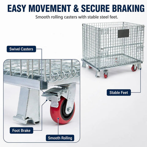 Hella Tough Collapsible Wire Storage Basket With Easy Roll Wheels features smooth rolling casters and stable steel feet for easy maneuverability.