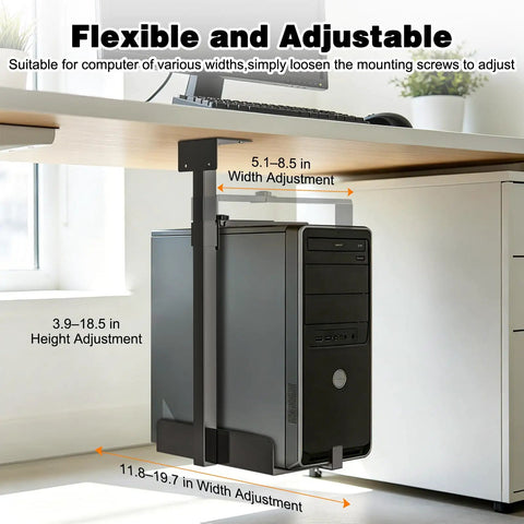 Dead Easy Under Desk PC Holder And Wall Mount Computer Tower Stand With 77 Lb Capacity adjustable height under desk PC holder with width and height adjustments.
