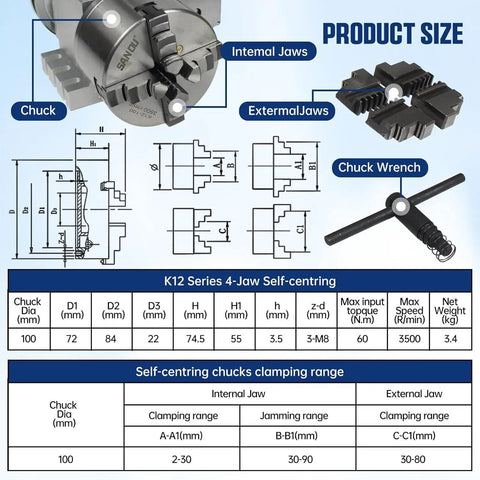 Heavy Duty Cnc Milling 4Th And 5Th Axis Rotary Table Featuring 100Mm Three Jaw Chuck showing detailed dimensions and features.