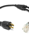 Heavy Duty Generator Extension Cord Splitter Adapts L14-30R Receptacle To Dual 5-20R Outlets showing rugged black design and two clear sockets.