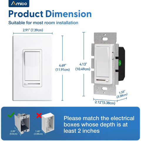 Dimensions of Six Pack Dimmer Switches For LED Lights Single Pole Or 3 Way Slide Dimmer 150W, wall plate included, ETL Listed.