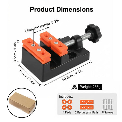 Compact Mini Bench Vise Featuring Smooth Parallel Jaw Clamping For Precision Watch Repair Sculpture Diy Carving And Home Shop Projects Built Different Heavy Duty with dimensions and included accessories.