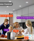 Family in kitchen with Ultra Thin 6 Inch Smart LED Recessed Light 4 Pack RGB Dimmable CCT Downlight, using voice control with Alexa and Google.