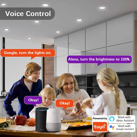 Family in kitchen with Ultra Thin 6 Inch Smart LED Recessed Light 4 Pack RGB Dimmable CCT Downlight, using voice control with Alexa and Google.