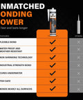 Unmatched bonding power chart showcasing features of Heavy Duty Black Hybrid Sealant And Adhesive For Quick Pond Leak Fixes And Koi Tank Repairs Pro Grade MS Polymer Caulk Boasts Beast Grip Past Silicone All Surface Marine Glue With Clean Coat 300Ml Dual Pack.