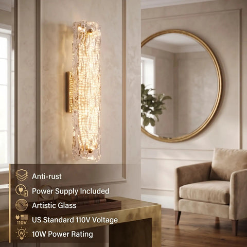 AooLiWang Gold LED Wall Sconces, Set of 2 with Transparent Glass Strip modern design in living room setting.