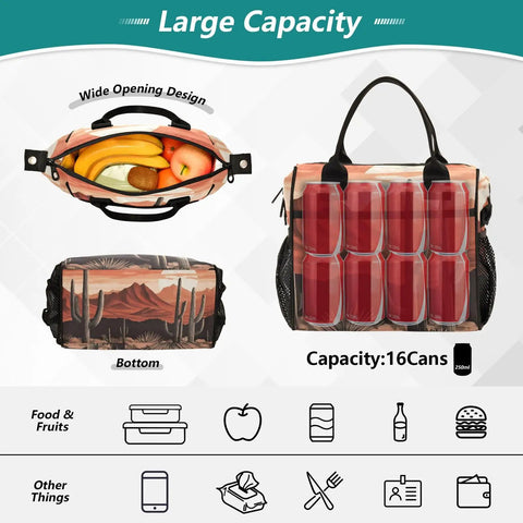 Insulated Lunch Bag For Adults And Kids With Desert Landscape Print Large Reusable Lunch Box Leakproof Portable Cooler Tote with food and cans