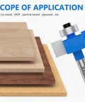 Heavy Duty One Quarter Inch Shank Rabbet Router Bit Set Featuring Six Swappable Brass Bearings For Tough As Nails Woodworking Projects and Smooth Sailing Cuts That Guarantee Pro Results. Various wood and material boards shown with router bit.