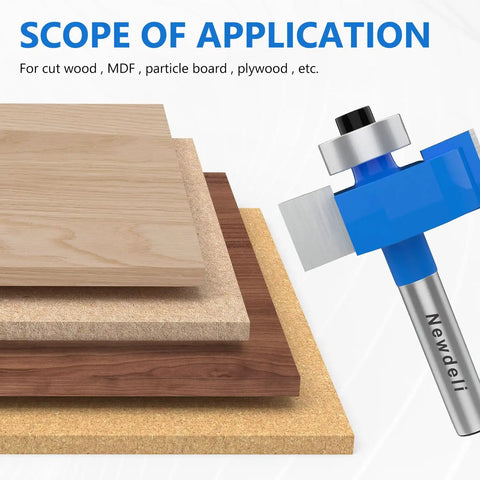 Heavy Duty One Quarter Inch Shank Rabbet Router Bit Set Featuring Six Swappable Brass Bearings For Tough As Nails Woodworking Projects and Smooth Sailing Cuts That Guarantee Pro Results. Various wood and material boards shown with router bit.