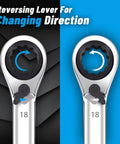 Close-up of 4 In 1 Reversible Ratchet Wrench Set 8 To 19 mm with 72 Tooth Precision Gear showing reversing lever for direction change.