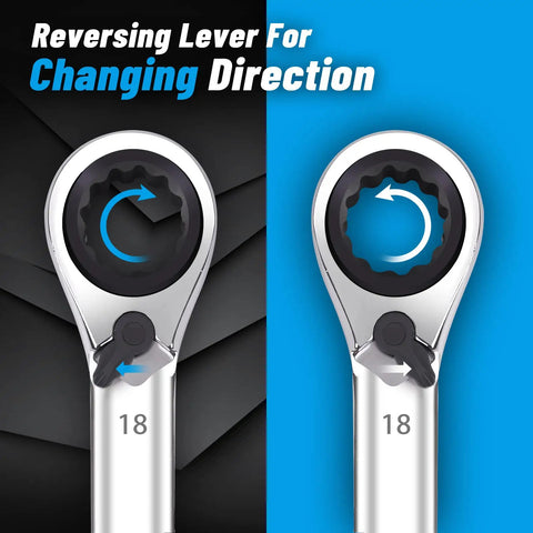 Close-up of 4 In 1 Reversible Ratchet Wrench Set 8 To 19 mm with 72 Tooth Precision Gear showing reversing lever for direction change.