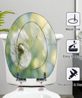 Elongated Dandelion clock morning sun Toilet Seat with metal hinges, soft-close feature, installed on a white toilet.