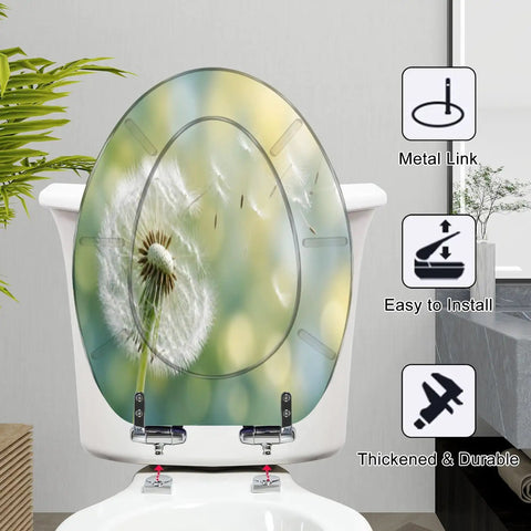 Elongated Dandelion clock morning sun Toilet Seat with metal hinges, soft-close feature, installed on a white toilet.