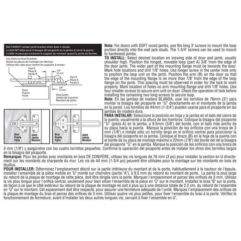 Installation instructions for Swing Bar Door Guard With High Security Auxiliary Lock Satin Nickel Finish showing parts and steps.