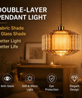Plug In Dimmable Pendant Light Featuring Amber Drum Glass And Gold Fabric Inner Shade, Vintage Swag Hanging Lamp For Bedroom Or Kitchen, Total Room Game Changer With Super Cozy Main Character Vibes - close-up view of amber double-layer pendant light.