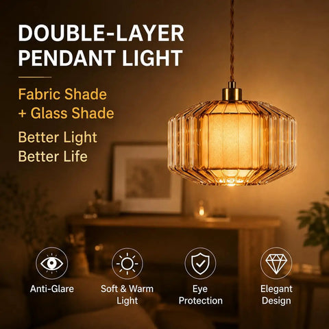 Plug In Dimmable Pendant Light Featuring Amber Drum Glass And Gold Fabric Inner Shade, Vintage Swag Hanging Lamp For Bedroom Or Kitchen, Total Room Game Changer With Super Cozy Main Character Vibes - close-up view of amber double-layer pendant light.