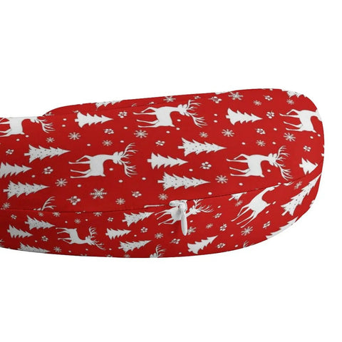 U Shaped Neck Pillow For Travel And Office Use Napping, Reusable Lightweight Multi Functional Pillow For Airplanes, Trains And Cars, Polyester Soft Comfort, Red Reindeer Christmas Theme shown with zipper detail on red reindeer cover.