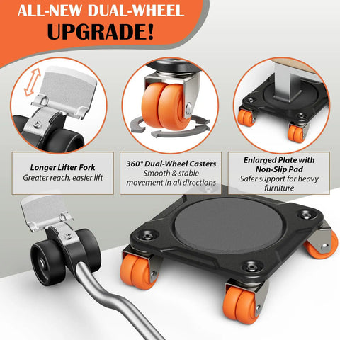 Awesome Heavy Duty Furniture Movers Dolly Set With Auxiliary Lifter Crowbar Base And Anti-Slip Pads Supports Up To 2200 Lbs XL showing dual-wheel casters and enlarged non-slip pad.