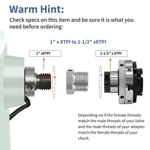 Woodworking Lathe Spindle Adapter Converts 1 x 8 TPI To 1.5 x 8 TPI Built Tough Steel Headstock Adapter with thread specifications