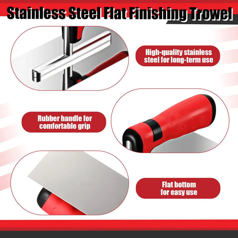 11 Inch Stainless Steel Drywall Finishing Trowel with rubber handle and flat bottom, highlighting ergonomic design and durability.