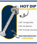Heavy Duty 3/8 X 4 Carriage Bolt Kit Built To Last, Hot Dip Galvanized Grade 307A With 50 Pack, Includes 3/8 Inch USS Flat Washers And 3/8-16 Hex Nuts, Exterior Construction Ready, Gray Finish. hot dip galvanized carriage bolt with nut and washer