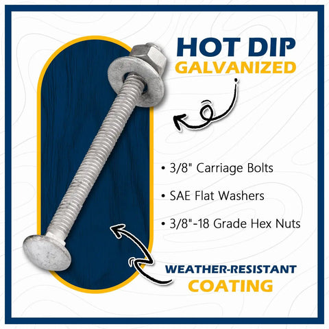 Heavy Duty 3/8 X 4 Carriage Bolt Kit Built To Last, Hot Dip Galvanized Grade 307A With 50 Pack, Includes 3/8 Inch USS Flat Washers And 3/8-16 Hex Nuts, Exterior Construction Ready, Gray Finish. hot dip galvanized carriage bolt with nut and washer