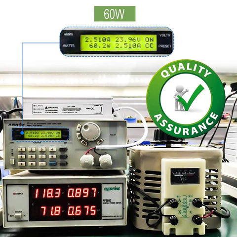 60W DC power supply test setup with voltmeter, showcasing Heavy Duty 60W 24V DC Waterproof LED Driver Power Supply IP67.