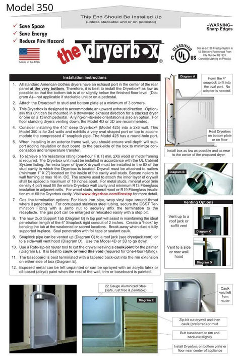 Installation instructions for Vent Box For Dryer New Construction In 2x4 Walls With Up Or Down Venting, featuring diagrams and details.