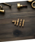 Sleek Hidden Brass Barrel Hinges For Jewelry Boxes And Wooden Cabinets, 25-Piece Set on wooden surface