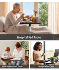 Heavy Duty Pneumatic Overbed Bedside Table With No Sweat Height Adjustment For Home Recovery Or Healthcare Use Non Tilt Surface Durable Walnut Cart used for meals.