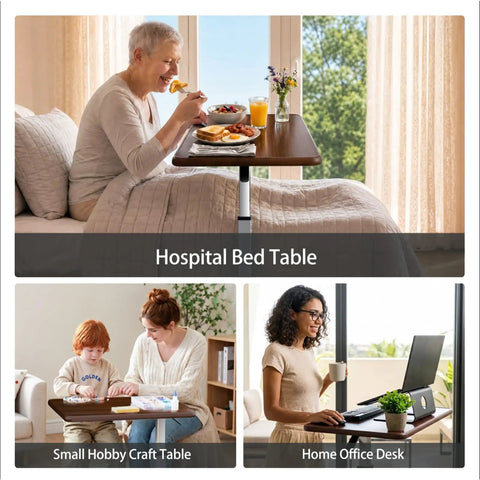 Heavy Duty Pneumatic Overbed Bedside Table With No Sweat Height Adjustment For Home Recovery Or Healthcare Use Non Tilt Surface Durable Walnut Cart used for meals.