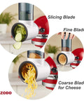 Effortless Slicer Shredder Attachment For Your Stand Mixer showing slicing, coarse, and fine blades processing food
