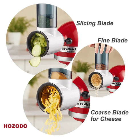 Effortless Slicer Shredder Attachment For Your Stand Mixer showing slicing, coarse, and fine blades processing food