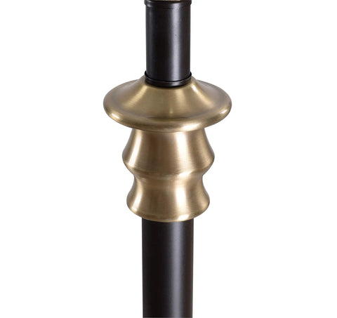 Close-up of the Two Tone Oil Rubbed Bronze And Antique Brass Table Lamp With Crisp White Tapered Shade, focusing on brass detail.