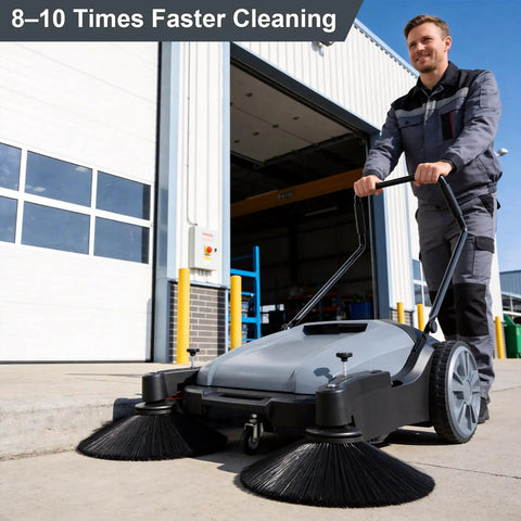 42 Inch Walk Behind Floor Sweeper With Dual Side Brushes And Fifteen Gallon Dustbin For Warehouses Driveways And Garages Crushes Dirt For Real Straight Up Smooth Operator That Handles Tough Jobs Daily being used outdoors on a concrete surface.
