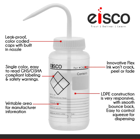 6 Pack 1000ml Chemical Wash Bottles With Blank Labels, Wide Mouth, Self Venting, Low Density Polyethylene Lab Bottles For Safe Chemical Handling And Easy Dispensing, front view
