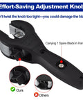 Ratcheting Tube Cutter For Tight Spaces With Ergonomic Handle And Sharp Blades That Easily Cut One Quarter Inch To One And One Eighth Inch Copper Brass And Aluminum Pipes Includes Three Steel Blades And Slip Free Gloves For DIYers And Pros, showing adjustment knob and spare blade in handle