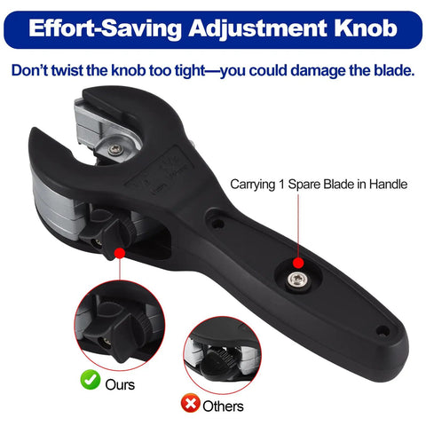Ratcheting Tube Cutter For Tight Spaces With Ergonomic Handle And Sharp Blades That Easily Cut One Quarter Inch To One And One Eighth Inch Copper Brass And Aluminum Pipes Includes Three Steel Blades And Slip Free Gloves For DIYers And Pros, showing adjustment knob and spare blade in handle