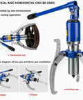 Heavy Duty Adjustable Hydraulic Gear Puller With Hella Tough Three Jaw Grips And Solid Steel Frame For Zero Hassle Hub And Bearing Extraction Up To Ten Tons, shown in use with horizontal and vertical settings.