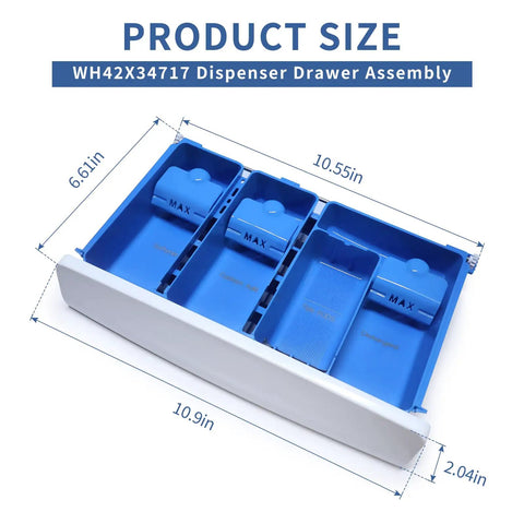 Dispenser Drawer Assembly For Front Load Washer Replaces WH42X34717 White Durable ABS Plastic With Smooth Sliding Fit Compatible With Matching Replacement Parts WH42X34191 And Related Models, 10.9 x 10.55 x 6.61 x 2.04 in