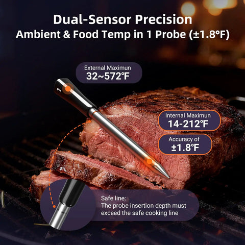 Smart Wireless Meat Thermometer With Four Probes And IP67 Waterproof Design, Dual Sensors Per Probe For Accurate Readings, WiFi Unlimited Range With Real Time Monitoring, Bluetooth Up To 300 Ft For Cookin, BBQ, Grillin, Oven, Smoker. Probe in steak