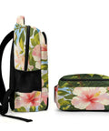 Side view of Blue Sky Hibiscus Print Backpack for Everyday Use Unisex Large Capacity Daypack Durable Polyester Travel School Bag With Smooth Zippers